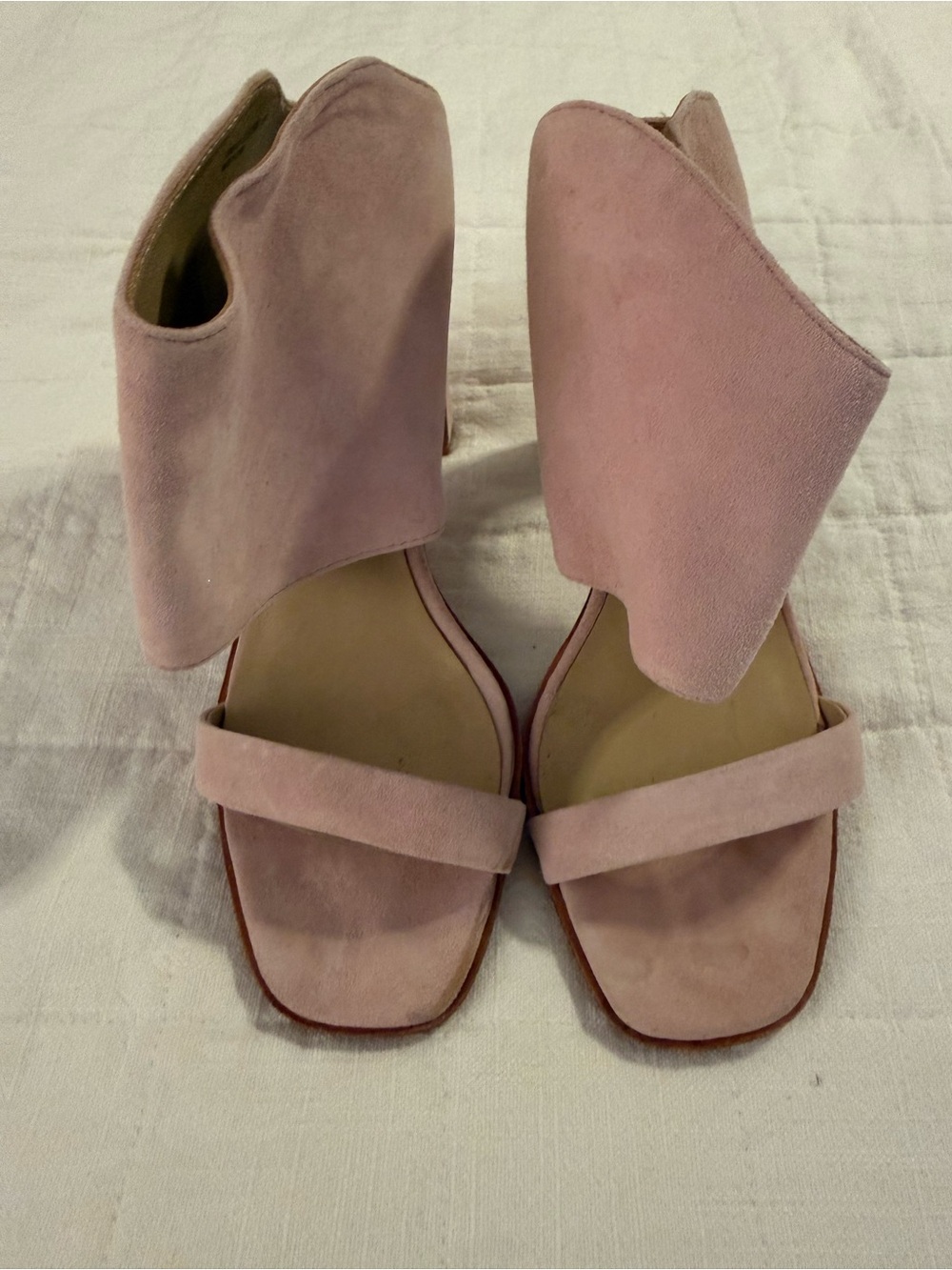 42 GOLD Blush Pink Suede Open-Toe Ankle Cuff Heels